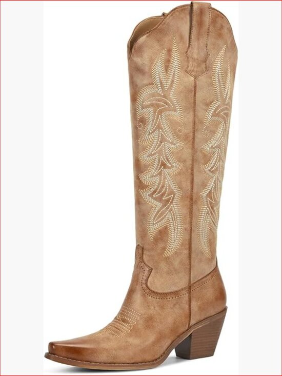 Shoes - Vintage Western Knee-High Boots with Embroidery, Faux Leather, Block Heel